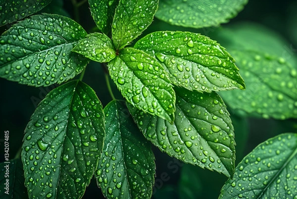 Fototapeta Close-up of fresh green leaves adorned with crystal-clear raindrops after a gentle spring rain. Bright natural lighting, ultra-detailed macro photography