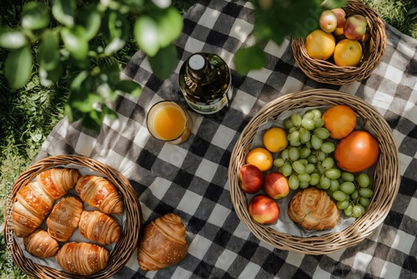 Fototapeta A beautiful spring picnic scene in a lush green park. A checkered blanket is spread out with a wicker basket filled with fresh fruits, croissants, and a bottle of juice. 