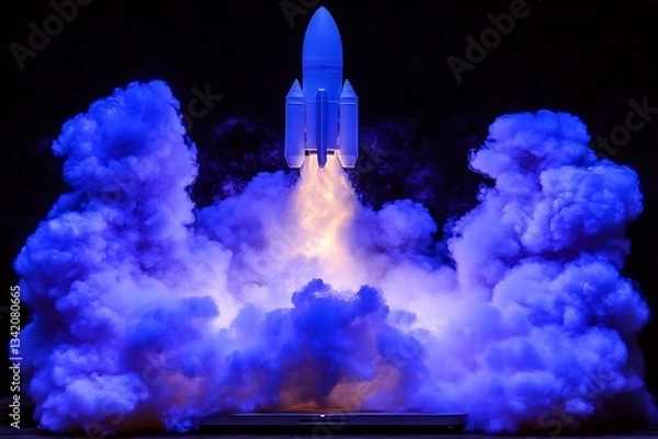 Obraz A small rocket launches with smoke and bright fiery exhaust