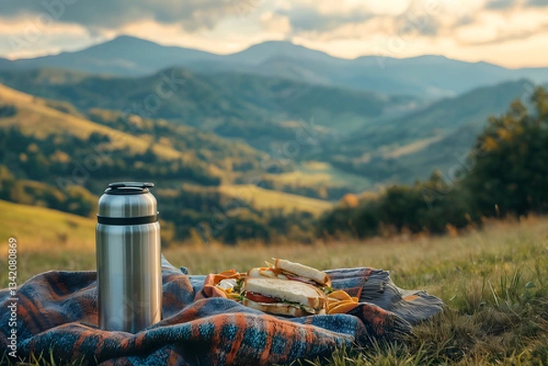 Fototapeta A cozy mountain picnic on a grassy hilltop with a thermos of tea, fresh sandwiches, and a soft plaid blanket. Stunning panoramic valley view, golden sunlight, peaceful nature scene, ultra-HD stock ima