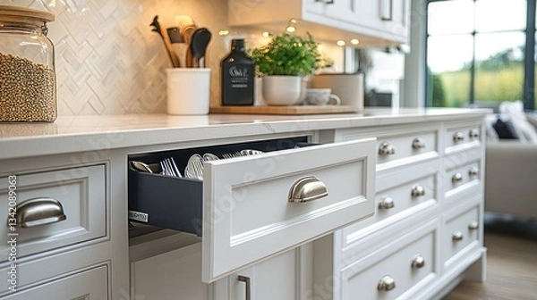 Fototapeta Open kitchen drawer displaying silverware with other kitchen accessories visible