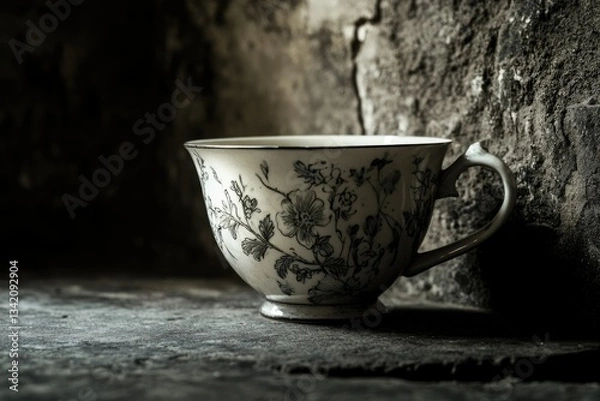 Fototapeta A vintage teacup with floral pattern sits on a rustic wooden surface against a dark, textured background.