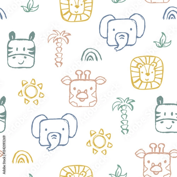 Obraz Square face jungle animals seamless pattern. Lion, elephant, giraffe, and zebra hand draw in sketch style. Doodle style line art.