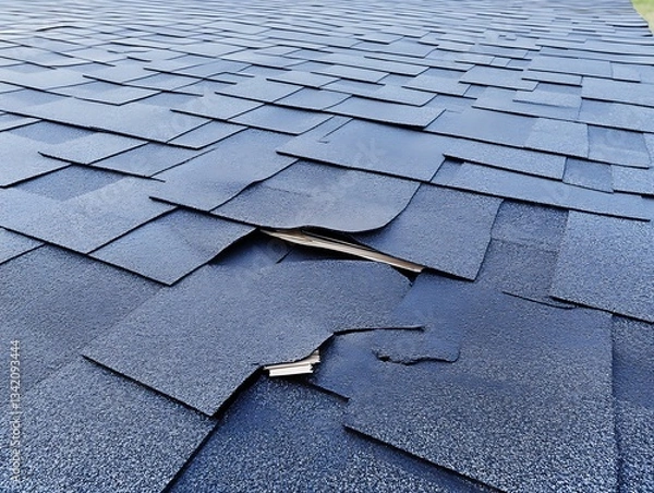 Obraz Close up of a damaged roof with shingles missing or lifted