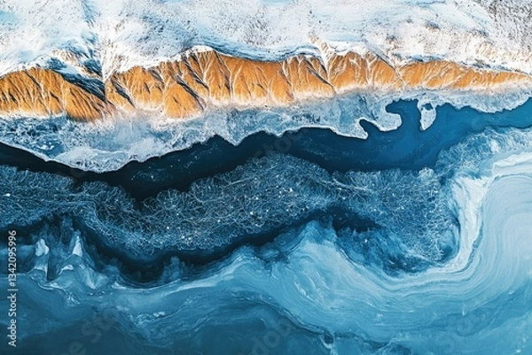 Fototapeta Aerial view of a frozen river flowing beside snow-covered, ochre-colored mountains.