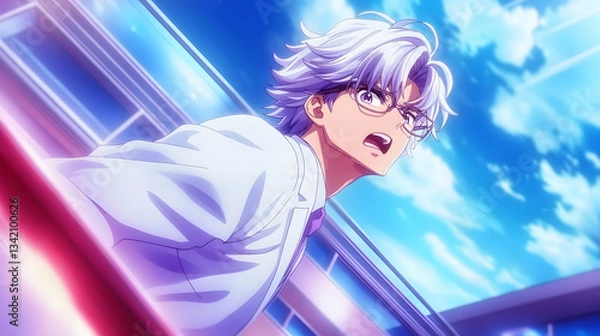 Obraz Animated Anime Character, Angry,  Science Fiction, Cityscape Background,  Possible Use Stock Photo