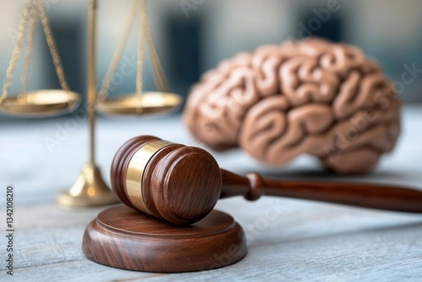 Fototapeta Justice scale gavel law brain analysis. Justice symbols with a gavel and scales beside a brain model.