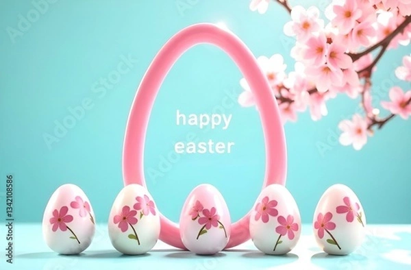 Fototapeta Easter, a blooming branch on a spring background, an oval frame and five glossy pastel Easter eggs with the text happy Easter. 