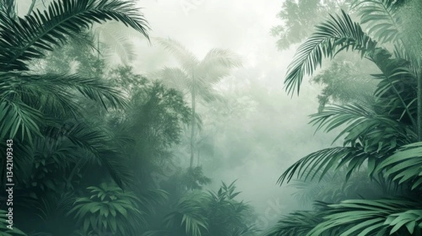 Obraz Foggy forest wallpaper: a 3D image of lush tropical plants.
