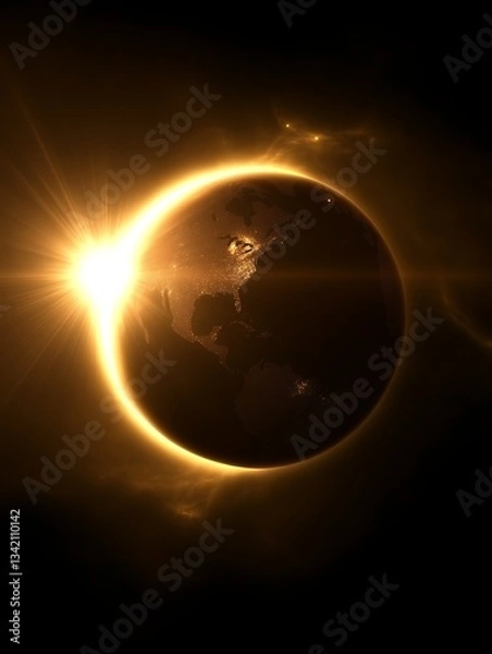 Fototapeta A glowing golden eclipse showcasing earth from space with light