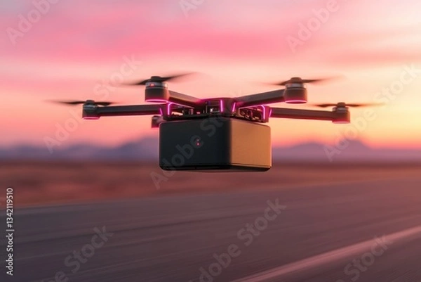 Obraz Futuristic Drone Flying Over Highway at Sunset with Scenic Mountain Background