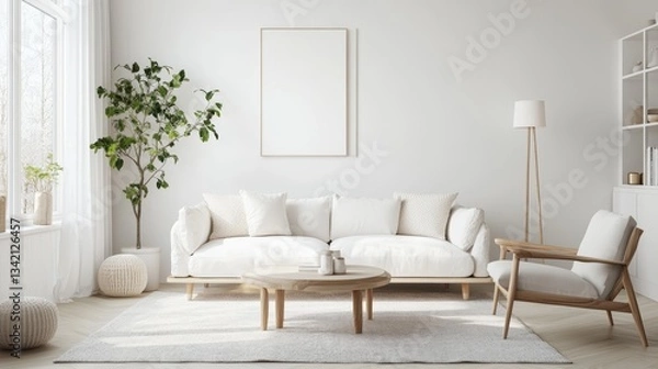 Obraz A simple, white Scandinavian living room.  Modern and minimalist design.
