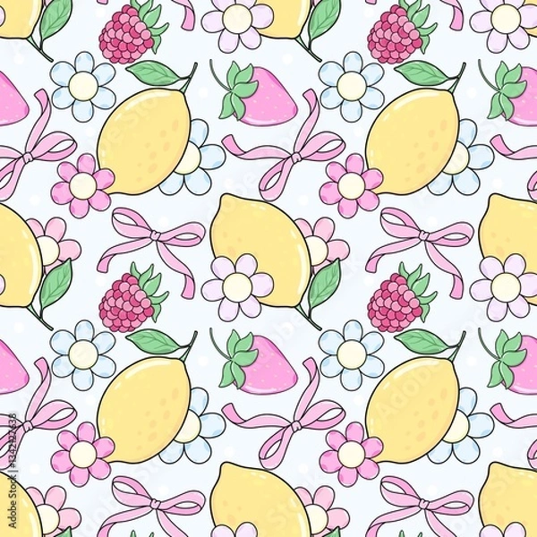 Fototapeta Cute Fruit and  Floral Seamless Pattern – Lemons, Berries and  Bows