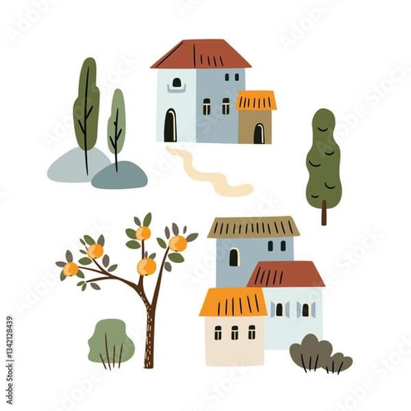 Fototapeta Set of cute houses and trees. Vector illustration in flat style.