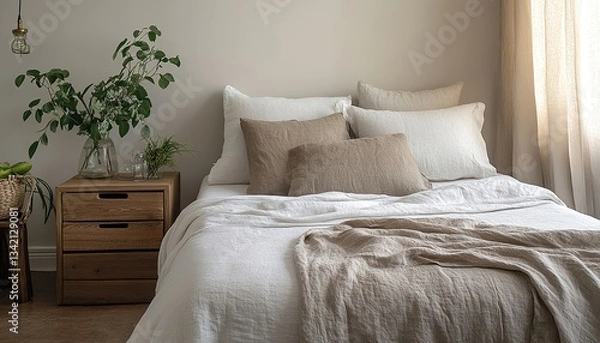 Fototapeta An extraordinary take on a marvelous sight of a minimalist bedroom designed with organic linen bedding, recycled wood nightstands, and plant-based decorative pieces, promoting sustai
