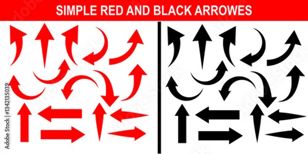Fototapeta Set of red and black straight, curved direction and symbol arrows simple directon and growing arrow for app , web free vector illustration