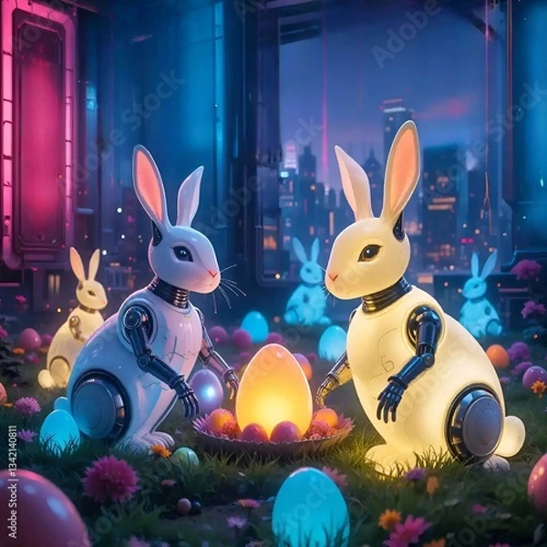 Fototapeta "Cybernetic Easter: Robo-Bunnies and Glowing Eggs in a Futuristic Wonderland"
