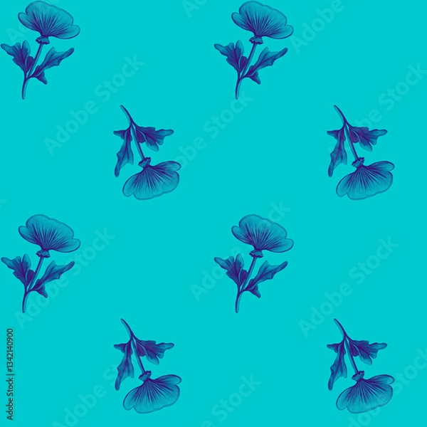 Fototapeta Vibrant seamless pattern with neon blue mushrooms and delicate leaves on a soft blue background.