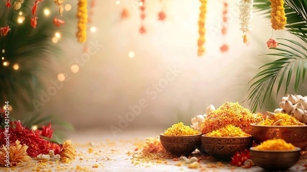 Fototapeta Background template for Happy Makar Sankranti festival with joyful decorations
