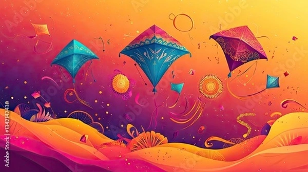 Fototapeta Banner poster design with vibrant kites and mandala patterns for Makar Sankranti celebration