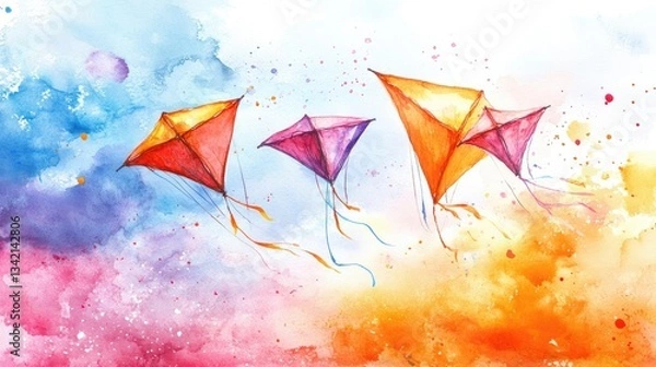 Fototapeta Banner with vibrant watercolor kites for Makar Sankranti festival