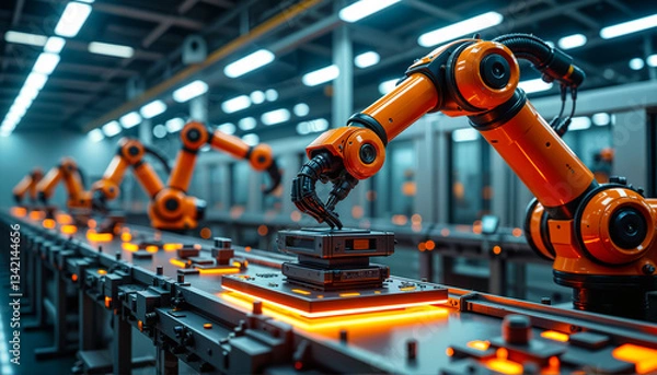 Fototapeta A futuristic robotic manipulator assembling a solid component in an ultra-modern factory with cyber-industrial lighting.