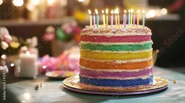 Fototapeta Colorful birthday cake with rainbow layers and glittering sprinkles on a table