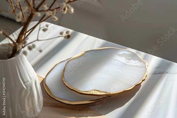 Fototapeta Set of white irregular resin coasters with golden trim on a marble table, modern home decor