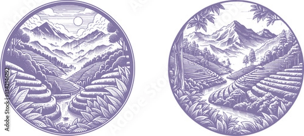 Fototapeta Set of  Scenic old color Tea Plantation on Mountain Landscape with a Serene River Flowing Through – Vintage-Style Artwork Capturing Nature’s Tranquil Beauty Engraving Designs
