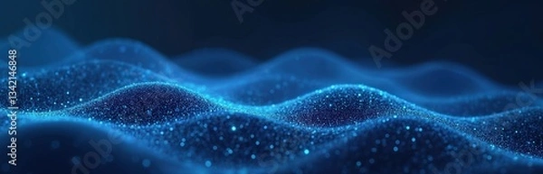 Fototapeta Tech network background shows data tech futuristic wave line connection in blue particular colors. Global world network telecommunication concept of big data, data stream, artificial intelligence.