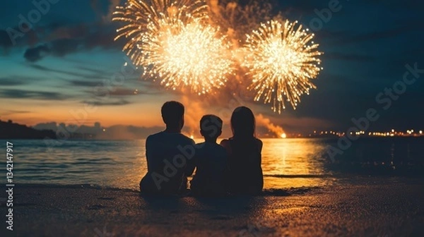 Fototapeta Family sitting on a beach at night enjoying New Yeara??s fireworks