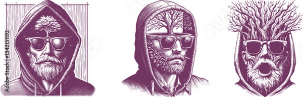 Fototapeta Engraved Design: Mysterious Man in Hoodie with Aged Sunglasses & Tree Emerging from Open Mind vintage color natural theme
