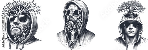 Fototapeta Engraved Design: Mysterious Man in Hoodie with Aged Sunglasses & Tree Emerging from Open Mind tree, head, man, nature, surreal, illustration, mind, growth, cognition, sunglasses, hoodie, creativity