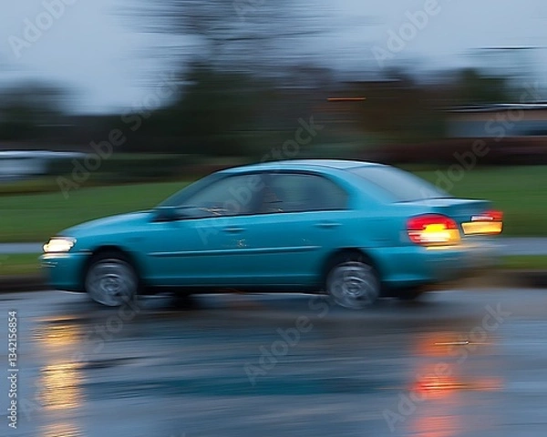 Fototapeta A fast moving teal car seen in a blurred motion photograph
