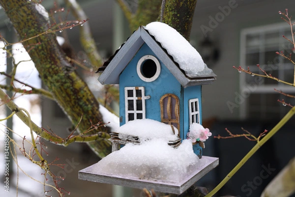 Obraz A blue weathered birdhouse in the snow.