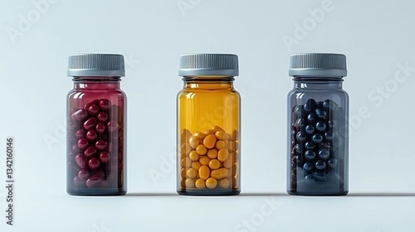 Obraz Medication capsules in bottles on plain background