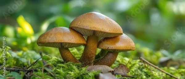 Fototapeta Three mushrooms growing on green moss in a forest