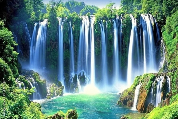 Fototapeta Serene waterfall cascading into vibrant pool, lush green foliage
