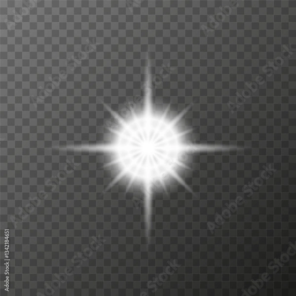 Fototapeta Vector illustration of a white glowing star with lens flare effect. Design element to use as an overlay, effect or composition element. On a transparent background. EPS10 format.