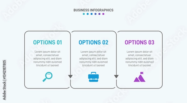 Fototapeta Horizontal progress bar featuring 3 arrow-shaped elements, symbolizing three six stages of business strategy and progression. Clean timeline infographic design template. Vector for presentation