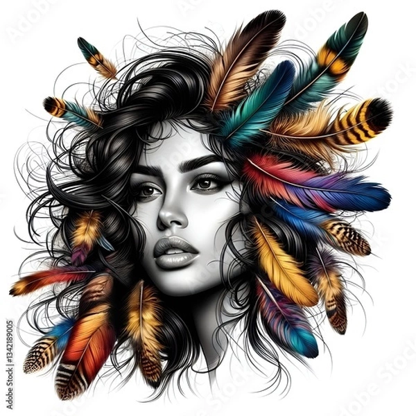 Fototapeta The head of a woman is multitextural with feathers.