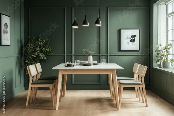 Fototapeta A modern dining room featuring a stylish table, chairs, and pendant lights, set against a green wall with framed art.
