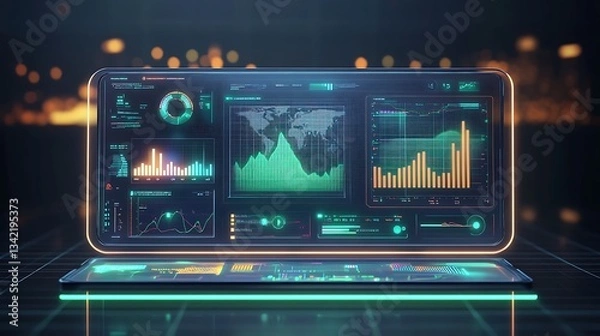 Fototapeta Futuristic data analytics dashboard with stock market charts and global data visualization display panel