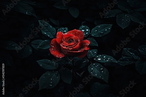 Fototapeta Dark red rose with dew drops on leaves (1)