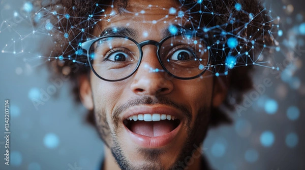 Fototapeta Black man wearing glasses with digital network overlay projection, excited expression. Concept of artificial intelligence, data analytics and future technology