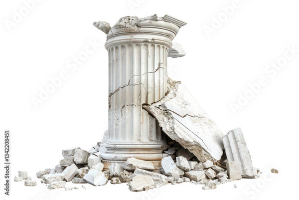 Fototapeta A crumbling white column with cracks and broken pieces scene view transparent background