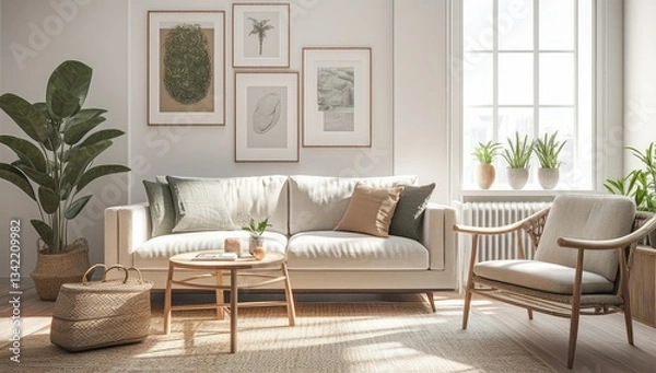 Fototapeta Sunlit living room, beige sofa, plants, gallery wall, interior design