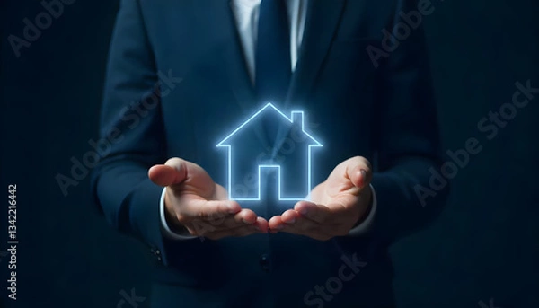 Fototapeta Businessman holding glowing house model, symbolizing real estate and property investment.