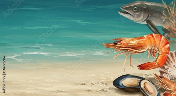 Obraz Fish, shrimp, and mussels on the sandy beach with ocean waves, watercolor illustration with copy space