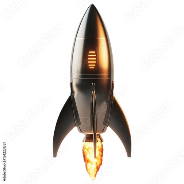 Fototapeta Stylized 3D rocket launching with flame trail, isolated on white background, representing startup launch, innovation and tech industry icons
